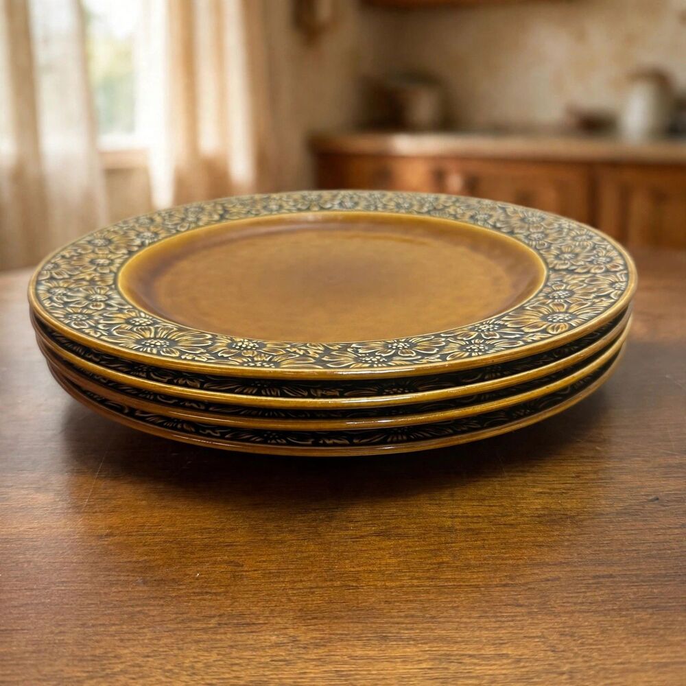 Ironstone Plates Set 4 Brown Daisy Rim Japan Vintage 70s Rustic Country Floral